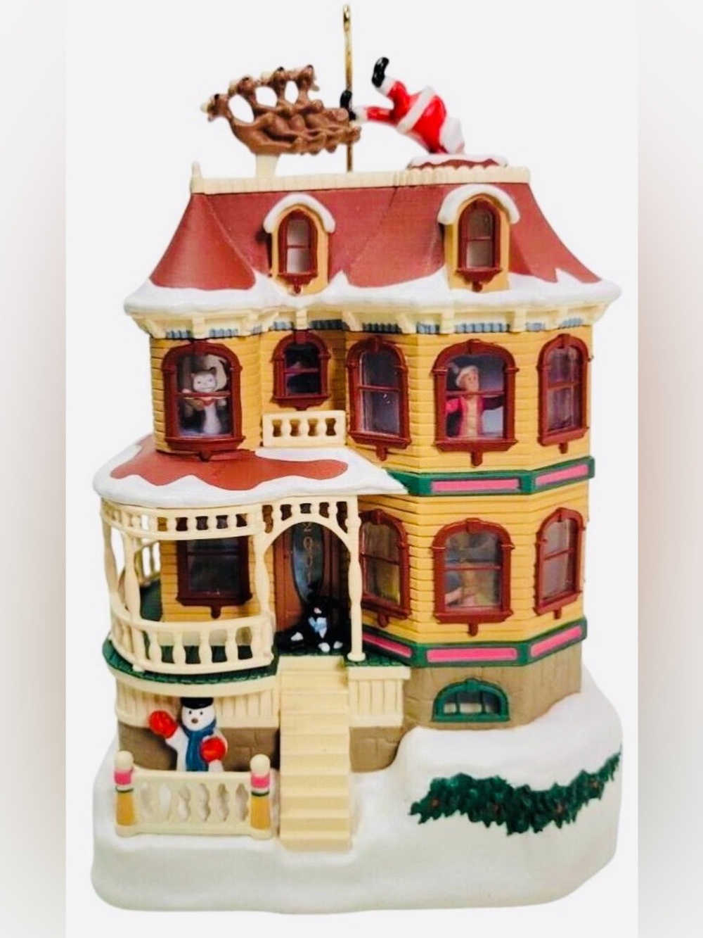 2001 Up on the Housetop Hallmark Yellow and Red Victorian Holiday House Ornament